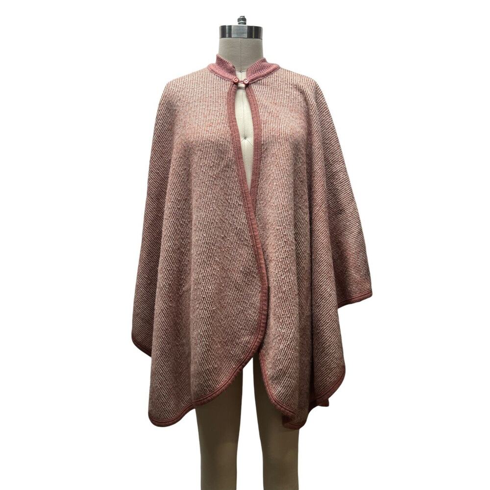 Vtg Mauve / Cream Striped Wool Blend Blanket Jacket Poncho Cape Coat